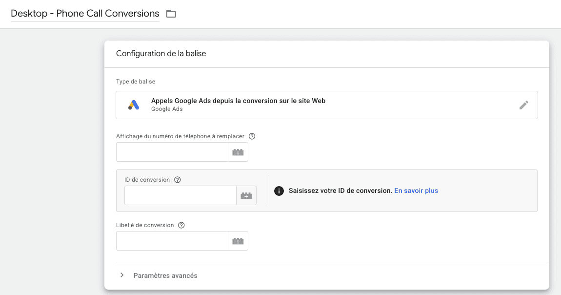 Pantalla de configuracion de Google Tag Manager de la etiqueta "Desktop - Phone Call Conversions": tipo de etiqueta Google Ads, campo ID de conversion y campo etiqueta de conversion