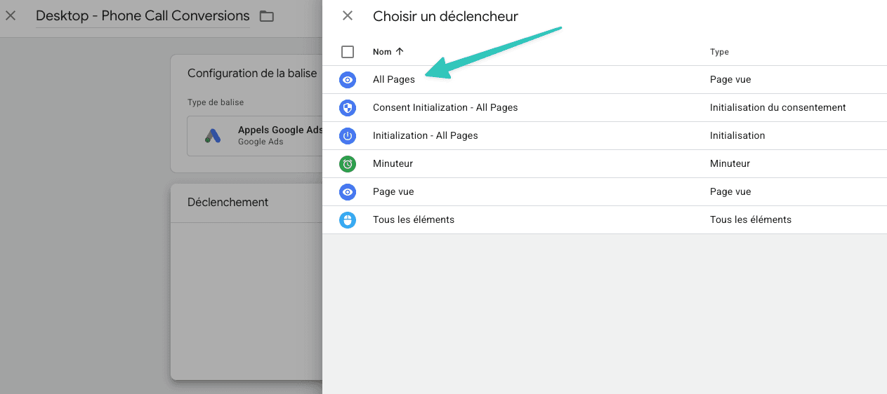Seleccion del activador en Google Tag Manager: la fila "All Pages", de tipo Vista de pagina, aparece destacada en la lista de activadores disponibles