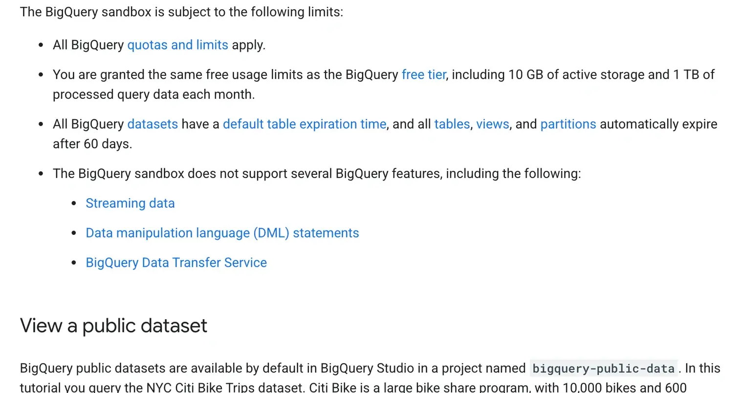 Google Cloud documentation page for the BigQuery sandbox: the list of limits, with the same free usage limits as the free tier (10 GB of active storage and 1 TB of processed query data per month), the automatic 60-day expiration of tables, views and partitions, and the three unsupported features: streaming data, DML statements and the BigQuery Data Transfer Service
