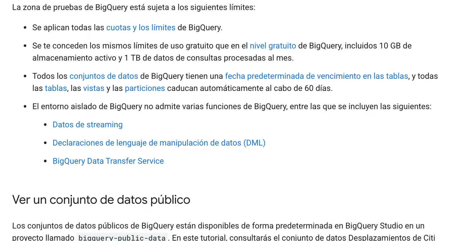 Página de documentación de Google Cloud sobre la zona de pruebas de BigQuery: la lista de límites, con los mismos límites de uso gratuito que el nivel gratuito (10 GB de almacenamiento activo y 1 TB de datos de consultas procesadas al mes), la caducidad automática de tablas, vistas y particiones a los 60 días, y las tres funciones no admitidas: datos de streaming, declaraciones DML y BigQuery Data Transfer Service