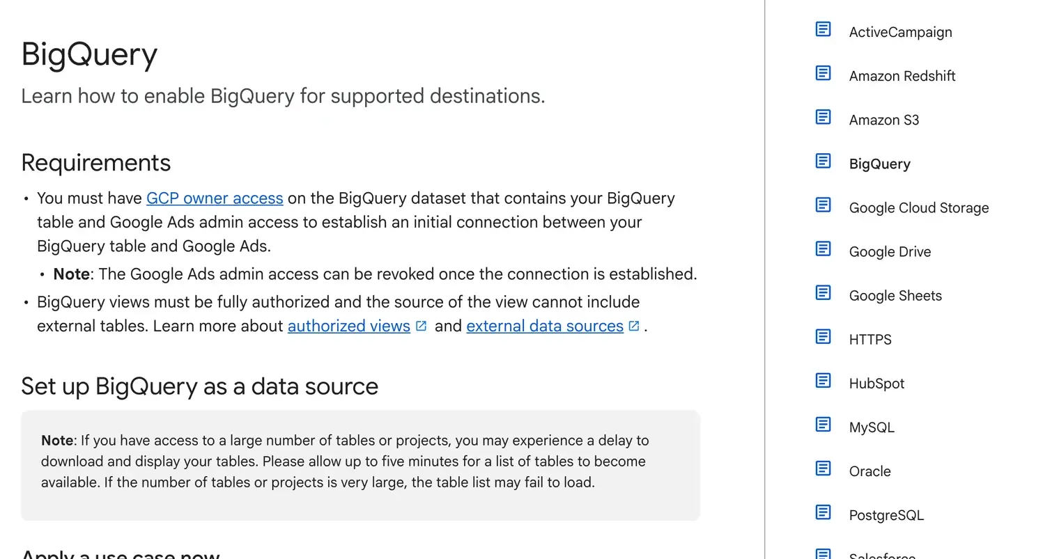 Google Ads Data Manager help page for BigQuery: the requirements (GCP owner access on the dataset, Google Ads admin access, fully authorized views with no external tables) and, in the right column, the list of supported sources where BigQuery sits alongside ActiveCampaign, Amazon Redshift, Snowflake, Salesforce and about fifteen others