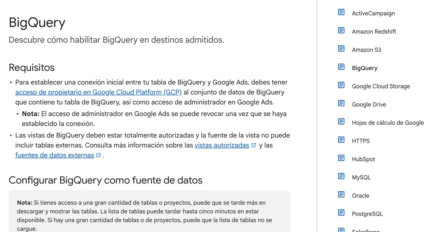 Página del centro de ayuda de Google Ads Data Manager dedicada a BigQuery: los requisitos (acceso de propietario en GCP sobre el conjunto de datos, acceso de administrador en Google Ads, vistas totalmente autorizadas sin tablas externas) y, en la columna derecha, la lista de fuentes compatibles donde BigQuery aparece junto a ActiveCampaign, Amazon Redshift, Snowflake, Salesforce y otras quince
