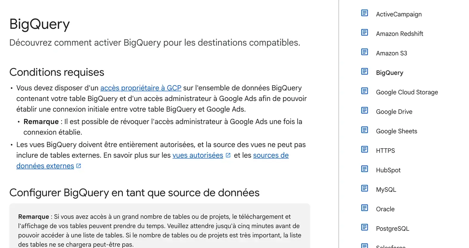 Page du centre d'aide Google Ads Data Manager consacrée à BigQuery : les conditions requises (accès propriétaire GCP sur le jeu de données, accès administrateur Google Ads, vues entièrement autorisées sans table externe) et, dans la colonne de droite, la liste des sources compatibles où BigQuery figure parmi ActiveCampaign, Amazon Redshift, Snowflake, Salesforce et une quinzaine d'autres