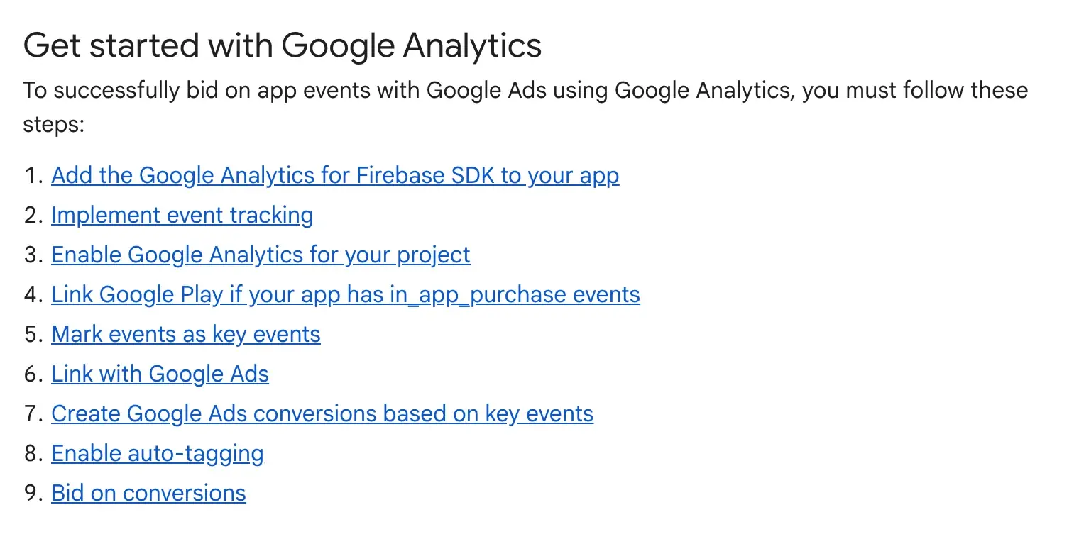 Google Ads Help page « Get started with Google Analytics »: the nine steps to bid on app events, from adding the Google Analytics for Firebase SDK to your app to bidding on conversions, through key events and the link with Google Ads